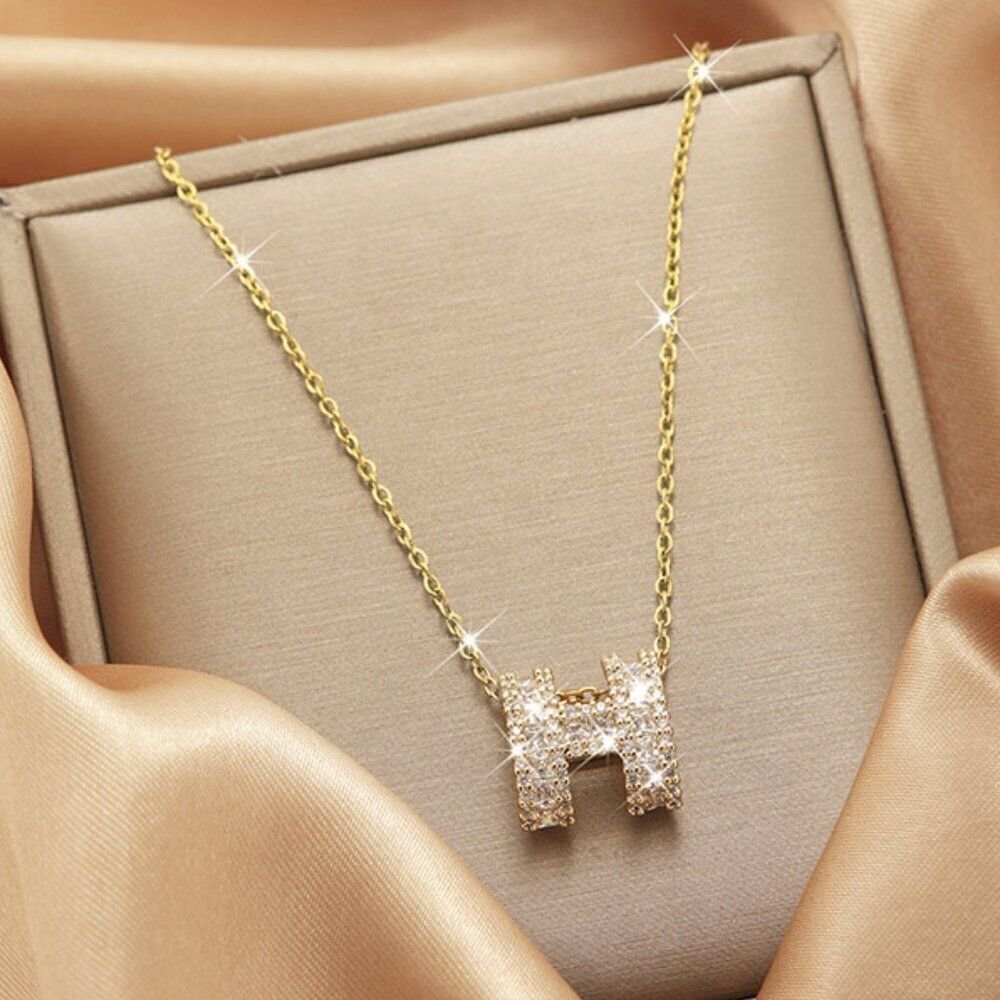 18K Gold Plated H Simulated Diamond Necklace